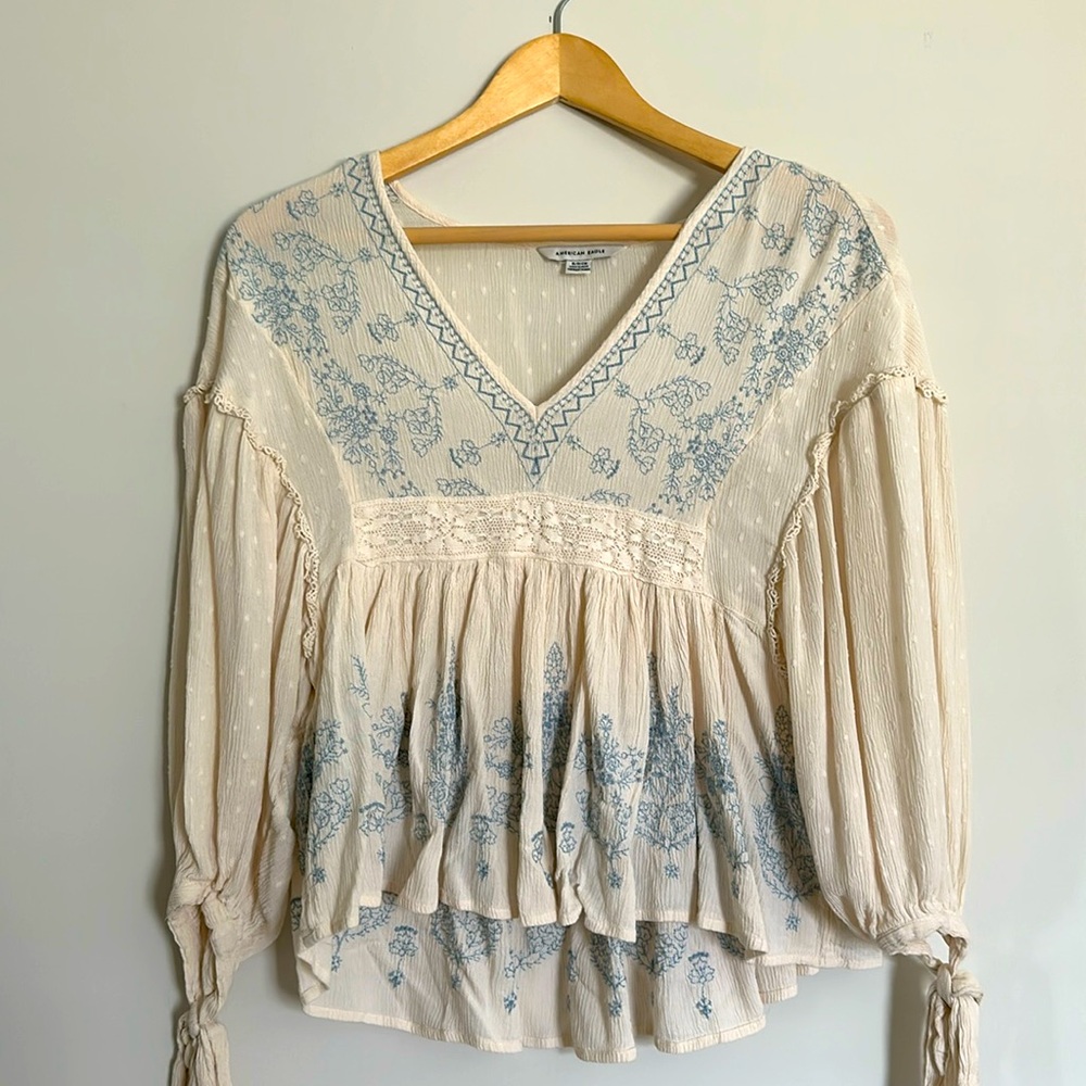 American Eagle Baby Doll Top with Tie Sleeves